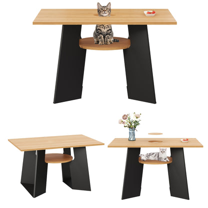 Pet-Friendly Modern Dining Table with Storage Shelves & Pet Area - Heavy-Duty Metal Frame, Natural Wood Grain & Black Contemporary Design, Space-Saving Rectangular Kitchen Table for 6, Easy Assembly, Durable & Easy-Clean Surf