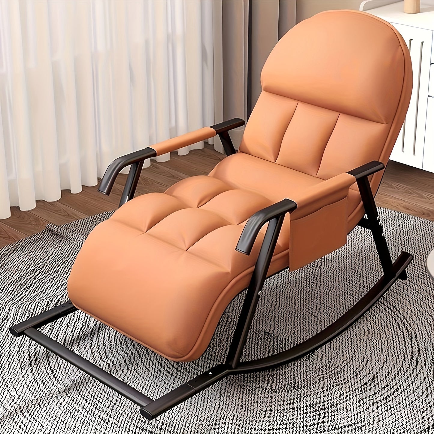 Schommelstoel – Relaxstoel – Fauteuil – Loungestoel – Verstelbare Voetensteun – Met Zijvak – Zacht Katoenen Kussen – Mandarijn Oranje