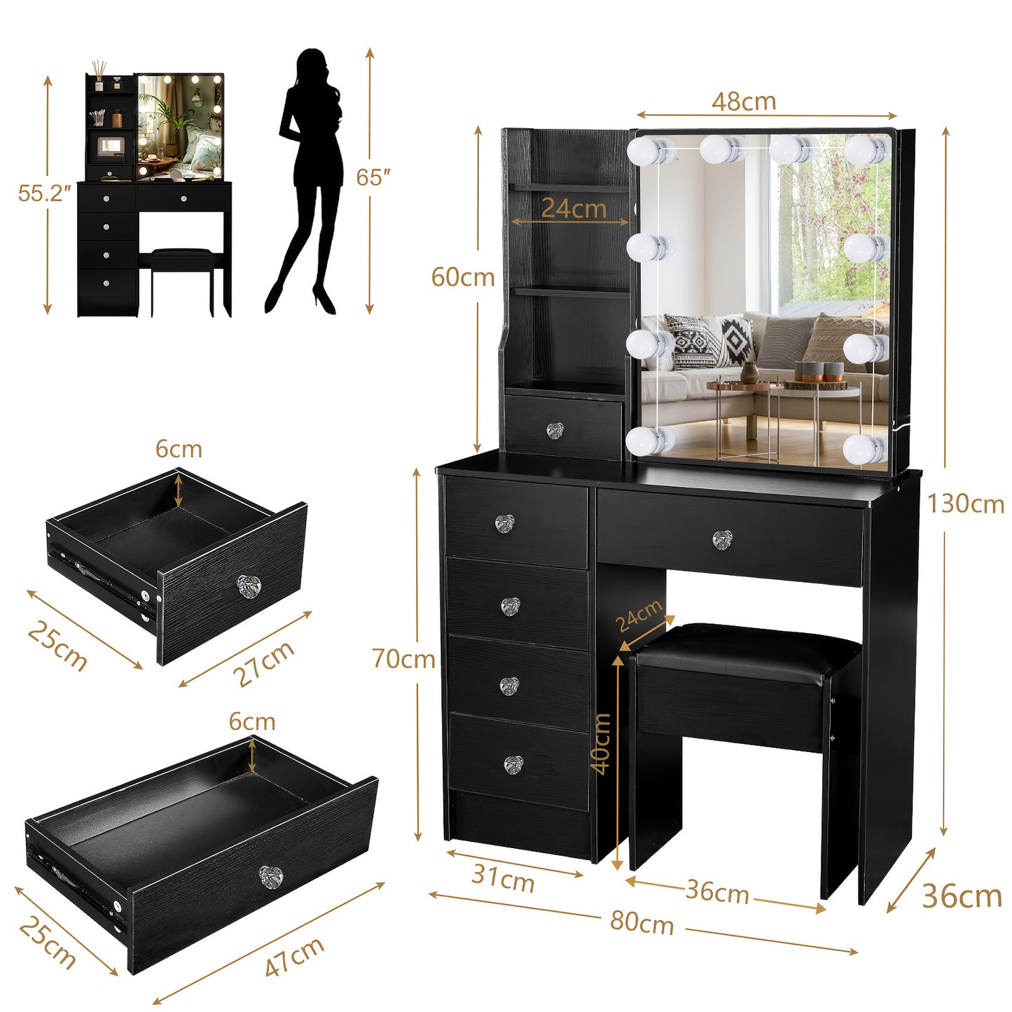 Make-up Tafel – Kaptafel – Schminktafel – Make-up Bureau – Make-up Organizer – Zwart – 6 Lades & Opbergruimte – Instelbare LED Verlichting met 3 Lichtkleuren