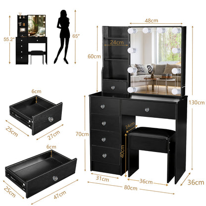 Make-up Tafel – Kaptafel – Schminktafel – Make-up Bureau – Make-up Organizer – Zwart – 6 Lades & Opbergruimte – Instelbare LED Verlichting met 3 Lichtkleuren