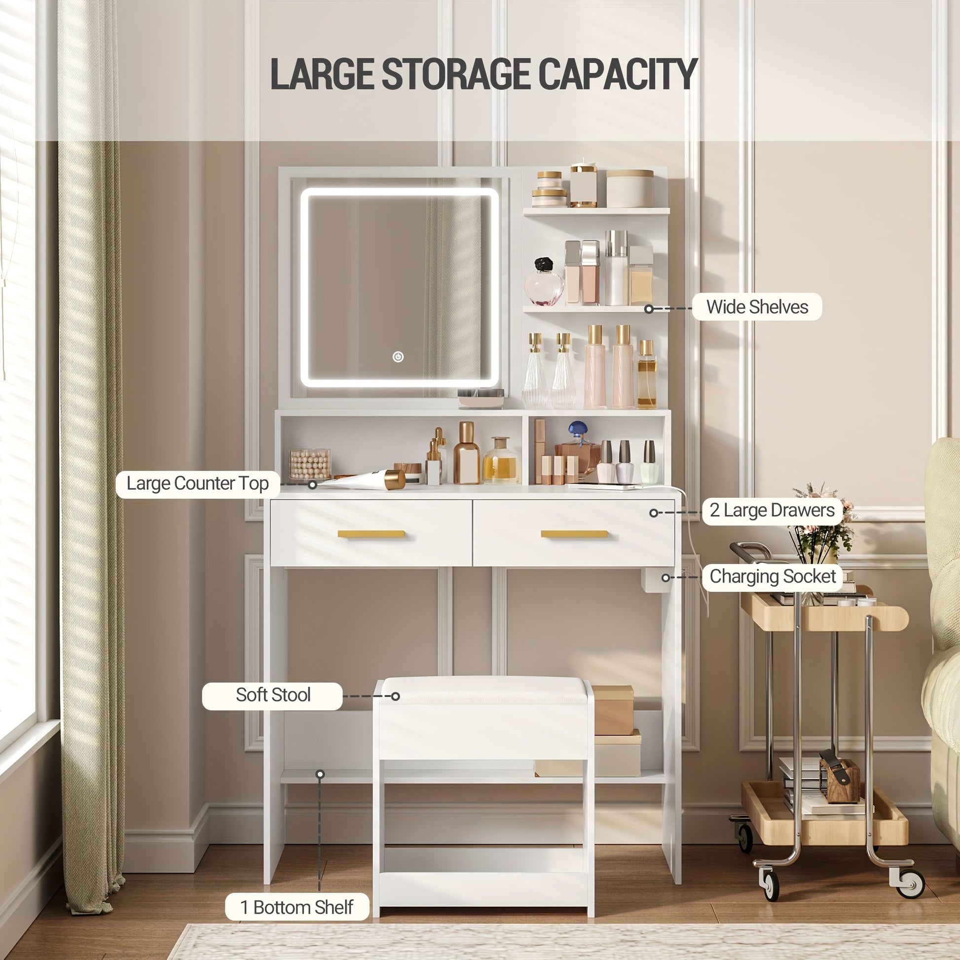 Jewelry Cabinet, Dressing Table With Adjustable LED Lights, Accessory Storage, Rechargeable AC Socket And USB Port, Vanity Makeup With Soft Dressing Stool, 2 Drawers, Open Organisers, For Bedroom, Cloakroom, White, Jewelry Bo - QUORE