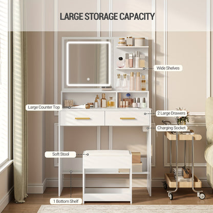 Jewelry Cabinet, Dressing Table With Adjustable LED Lights, Accessory Storage, Rechargeable AC Socket And USB Port, Vanity Makeup With Soft Dressing Stool, 2 Drawers, Open Organisers, For Bedroom, Cloakroom, White, Jewelry Bo - QUORE