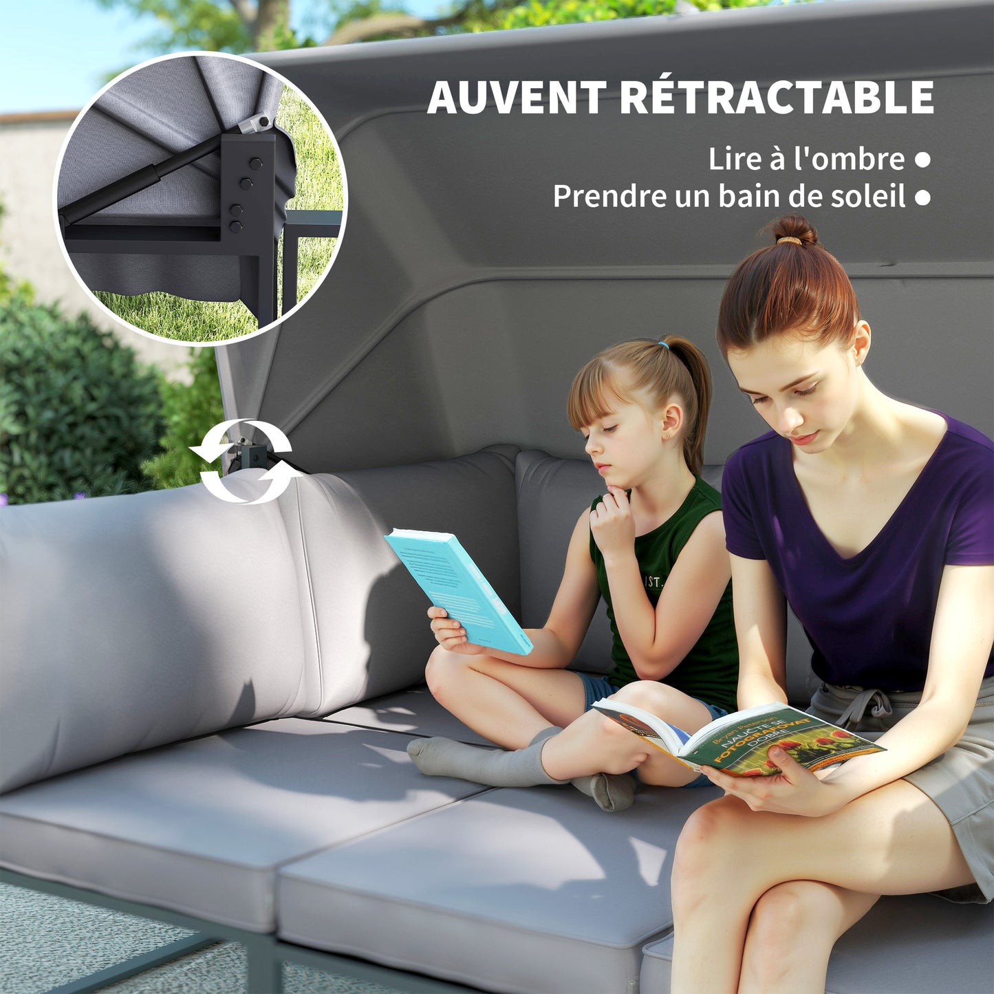 4-delige Modular Tuinmeubelset – Tuinbank – Tuinstoelen – Loungeset – Balkonmeubels – Grijs – Met Zonneluifel – Veilig Gehard Glas Tafelblad