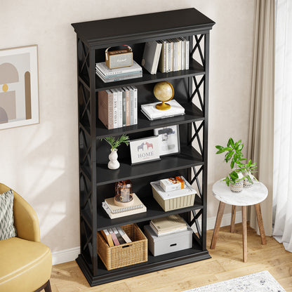 Boekenkast – Boekenplank – Vakkenkast – Opbergkast – Stellingkast – Zwart – 5 Laags – Massief Hout Met Metaal – Open Achterkant – Stevig & Compact