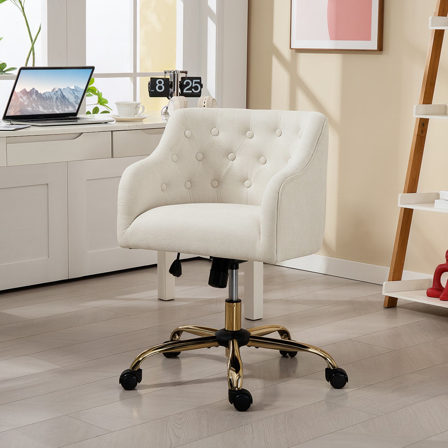 Bureaustoel – Bureaustoelen – Kantoorstoel – Office Chair – Bureaustoel – Linnen Bekleding – Verstelbare Zithoogte – Gouden Poten – Beige