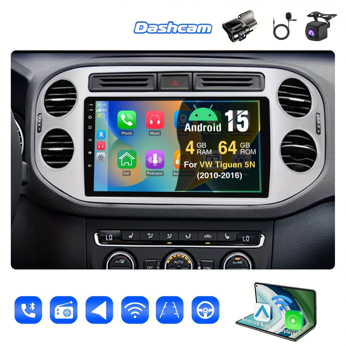 Autoradio VW Tiguan 2 DIN – Autoradiosysteem – Multimedia Speler – Navigatiesysteem – Touchscreen Radio – Met Dashcam en Achteruitrijcamera – 9 Inch IPS Display – Wireless CarPlay & Android Auto