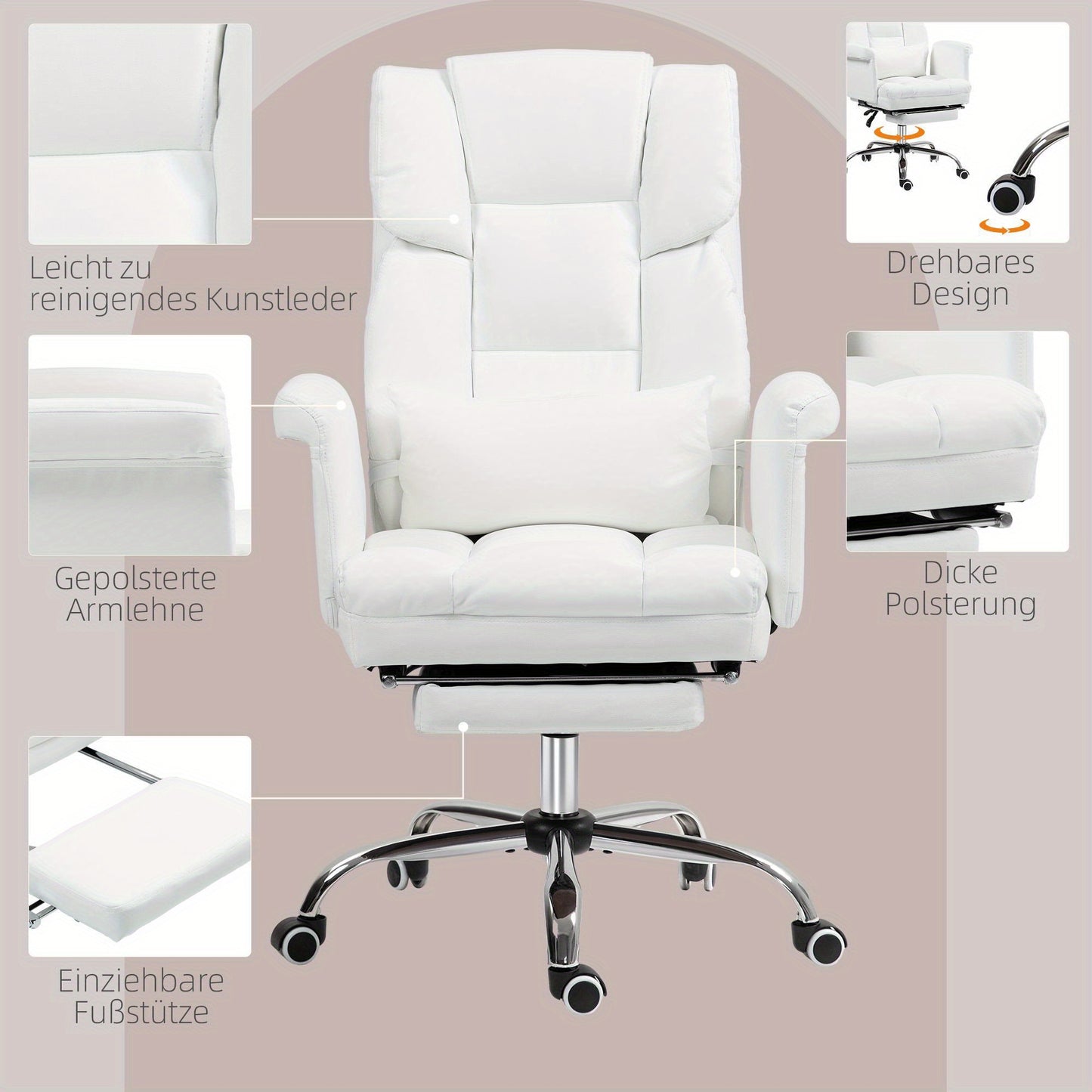Bureaustoel – Ergonomische Stoel – Office Chair – Gamingstoel – Bureaukruk – Verstelbare Zithoogte 48-56 cm – Kantelbare Rugleuning 155° Met Lendensteun en Voetensteun – Hardhouten Frame – 360° Draaibaar