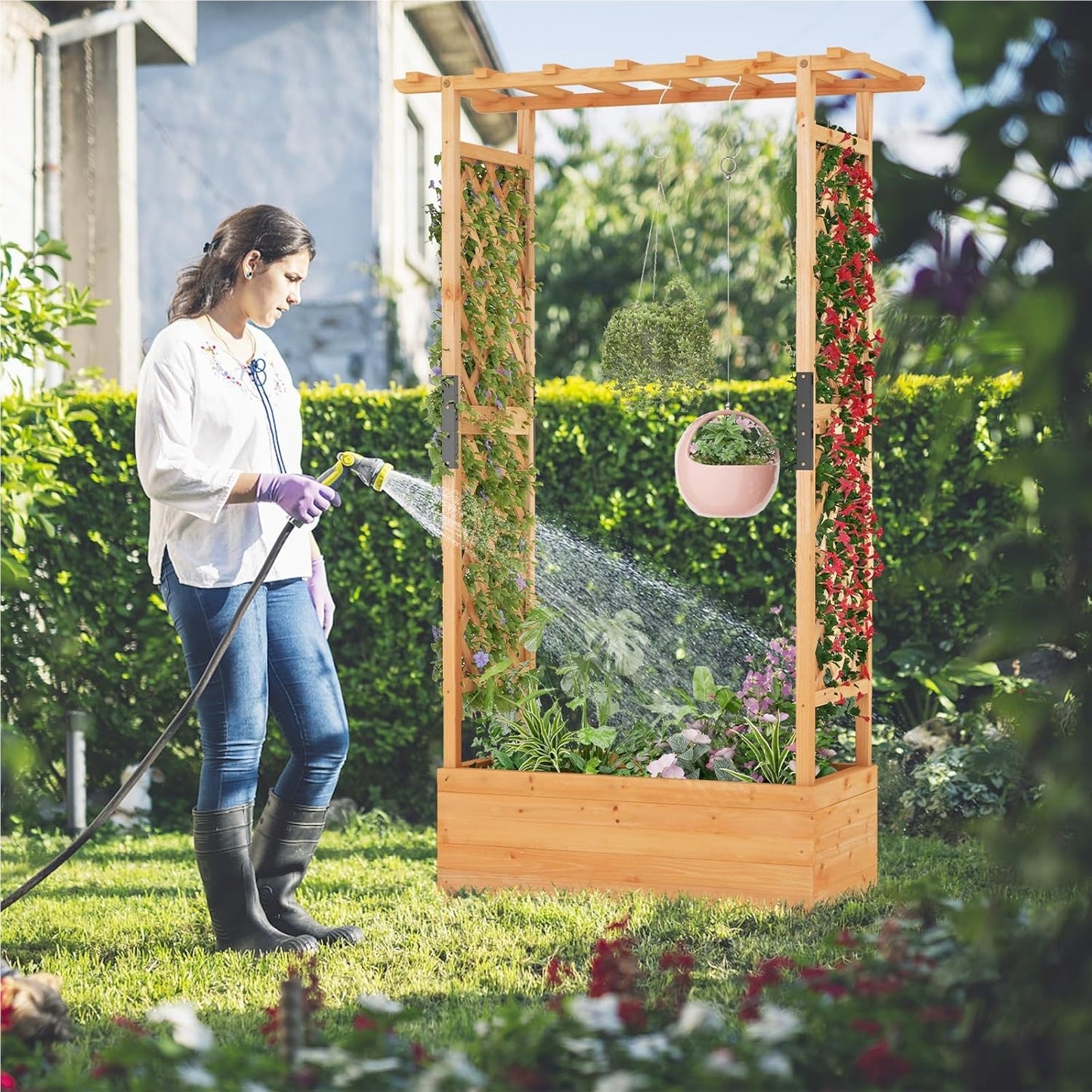 Houten Plantenbak – Verhoogde Tuinbak – Bloembak – Kruidenbak – Klimplantenbak – Met Klimhulp en Hangdak – Stevig Dennenhout – Waterafstotend Oranje 110x44x182 cm
