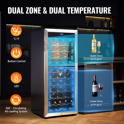 Wijnkoelkast – Wijnklimaatkast – Wijnkoeler – Drankenkoelkast – Vrijstaand – 80 Flessen – Dubbele Temperatuurzones – LED Verlichting