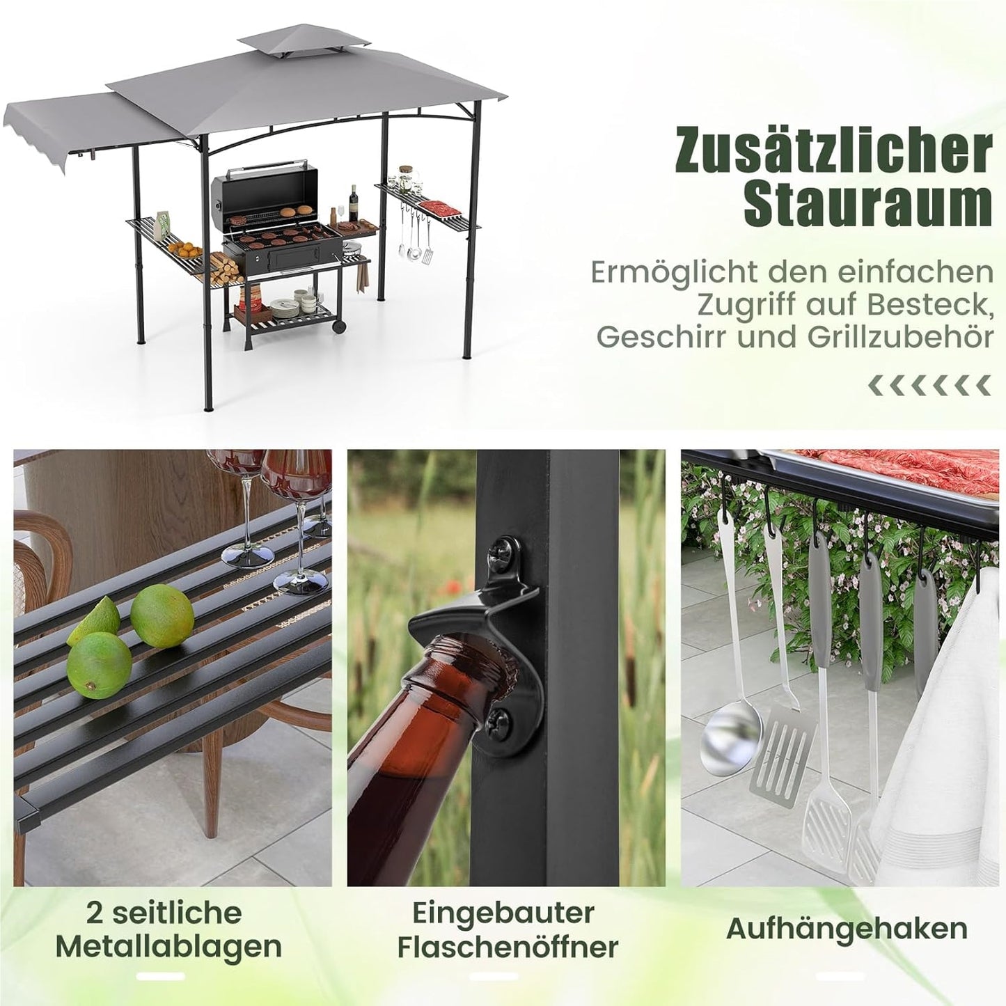 Grillpaviljoen – BBQ Overkapping – Tuinpaviljoen – Grillovertrek – Tuinhoes – Dubbel Dak – Met Zijluifel & Zijtafels – Weerbestendig Grilschap – 318x153x250 cm – Grijs