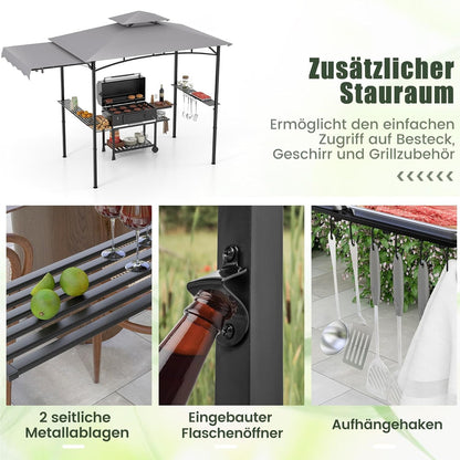 Grillpaviljoen – BBQ Overkapping – Tuinpaviljoen – Grillovertrek – Tuinhoes – Dubbel Dak – Met Zijluifel & Zijtafels – Weerbestendig Grilschap – 318x153x250 cm – Grijs