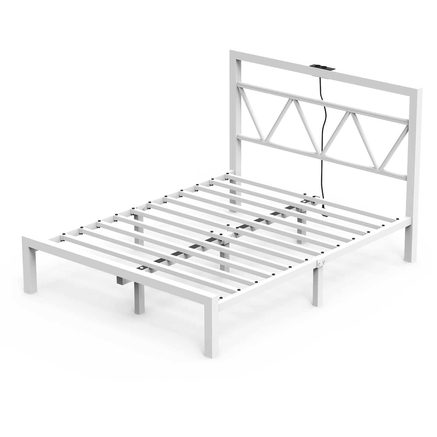 140x200 cm Eenpersoonsbed Frame met Oplaadstation – Metalen Platformbed met Hoofdeinde – Wit, Modern en Minimalistisch