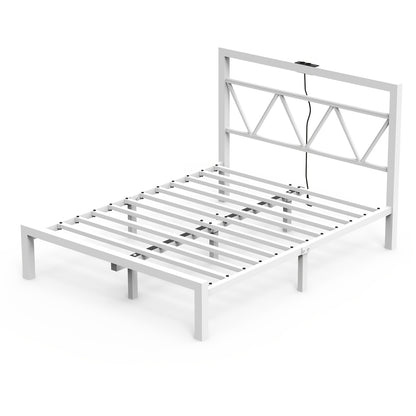 140x200 cm Eenpersoonsbed Frame met Oplaadstation – Metalen Platformbed met Hoofdeinde – Wit, Modern en Minimalistisch
