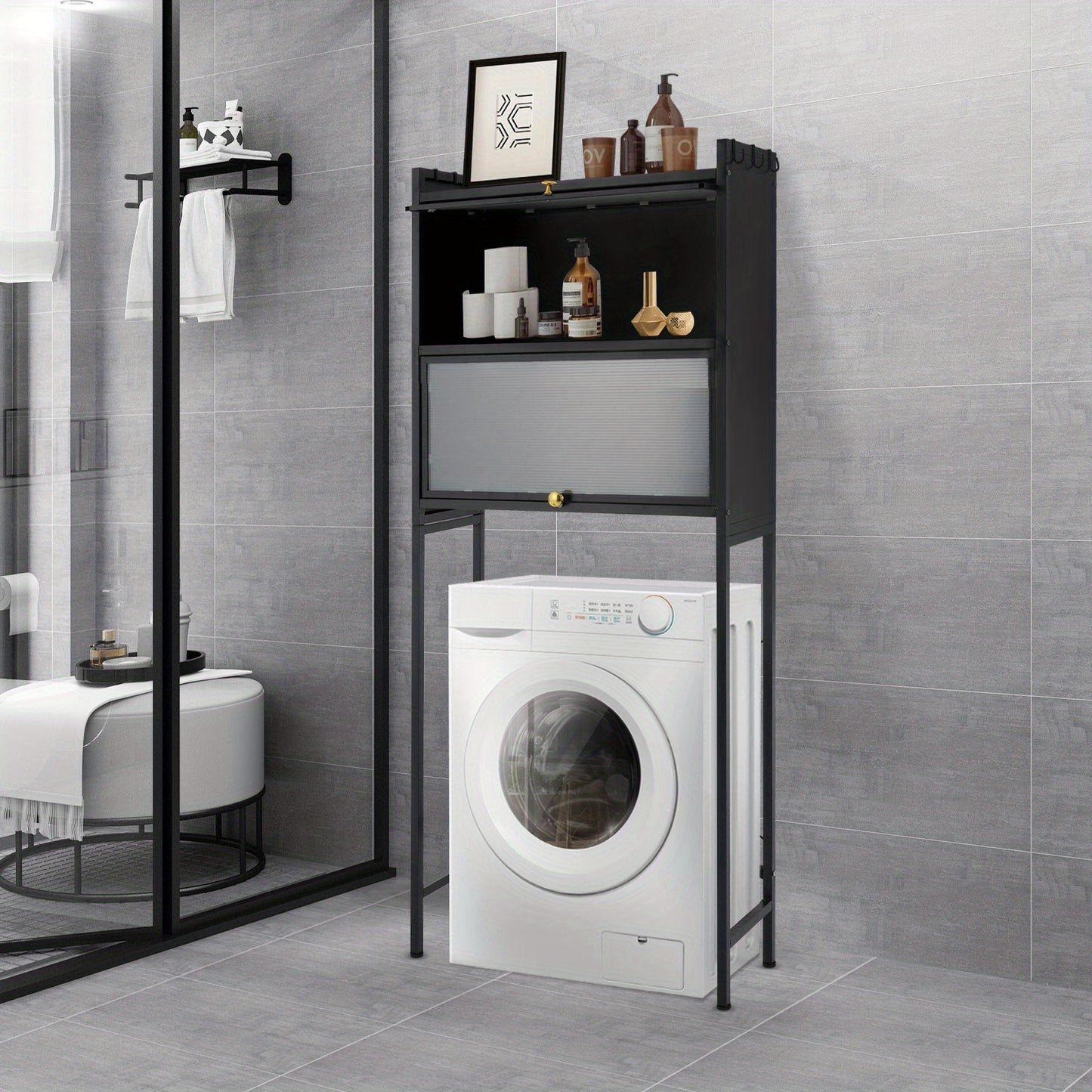Wasmachine Meubel – Wasmachine Kast – Wasmachine Ombouw – Wasmachine Opbergrek – Wastafel Meubel – Zwart – 3-Lagens Opbergruimte – 6 Afneembare Haken – Carbonstaal & Kunststof – Vrijstaand – Compact 70x25x167 cm