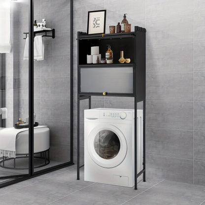 Wasmachine Meubel – Wasmachine Kast – Wasmachine Ombouw – Wasmachine Opbergrek – Wastafel Meubel – Zwart – 3-Lagens Opbergruimte – 6 Afneembare Haken – Carbonstaal & Kunststof – Vrijstaand – Compact 70x25x167 cm