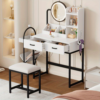 Kaptafel – Make-up Tafel – Vanity Desk – Cosmeticatafel – Draaibare Spiegel – Compact & Ruimtebesparend – Glas Tafelblad – 2 Lades & Open Planken – Wit