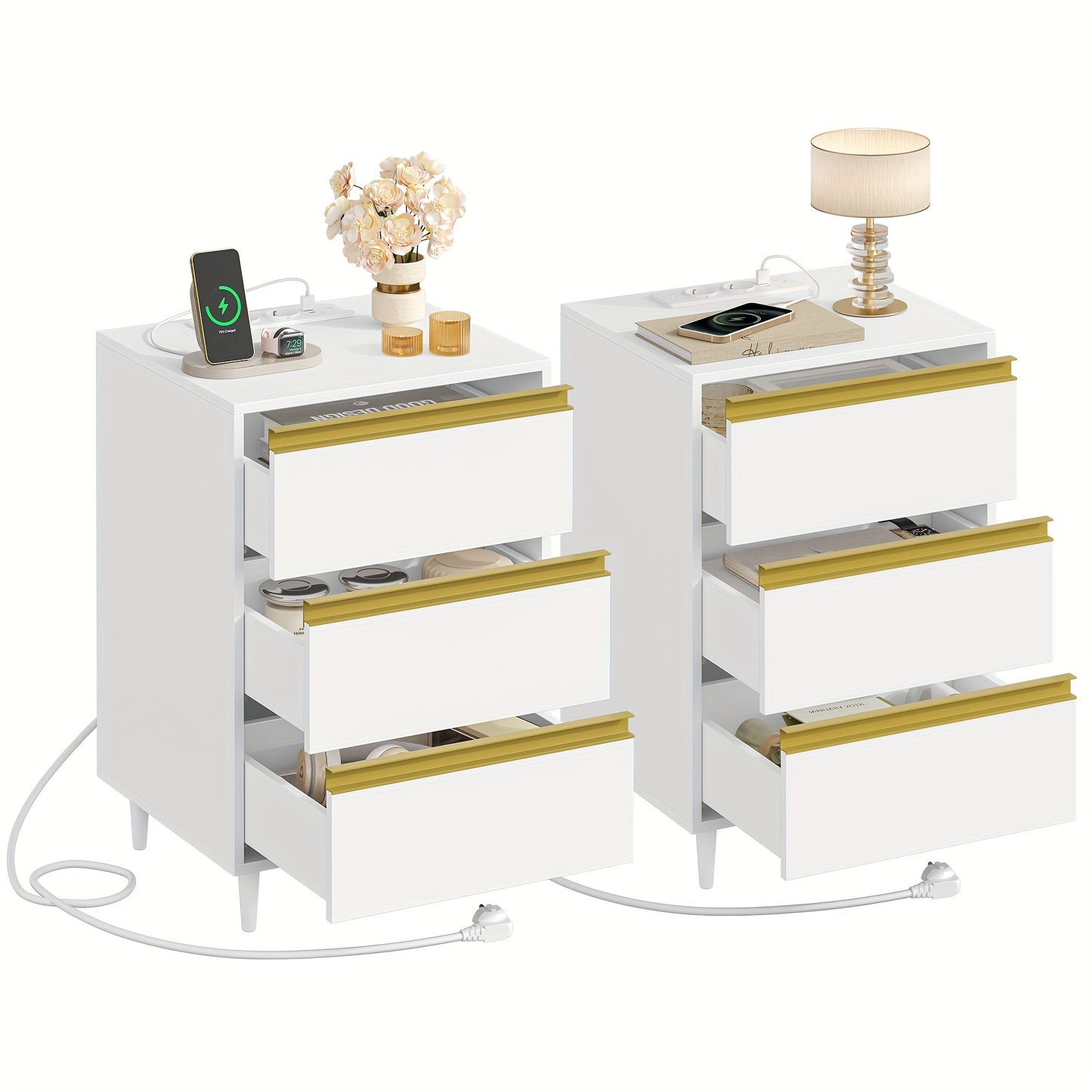 Bedside Table, Set Of 2, Side Table, 3 Drawers, Bedside Cabinet With 4 Removable Footrests, Bedside Table In The Bedroom, Sofa Table, For Bedroom, Living Room, White