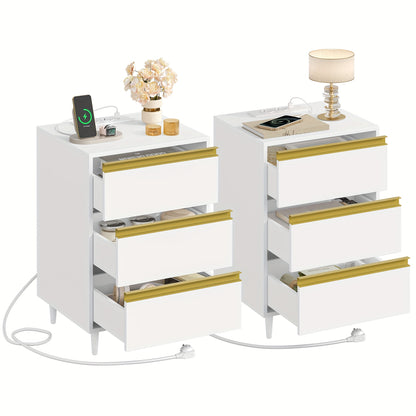 Nachtkastje – Bedkastje – Bijzettafel – Opbergkastje – Kastje – Set van 2 – 3 Lades – Afneembare Pootjes – Wit MDF Hout