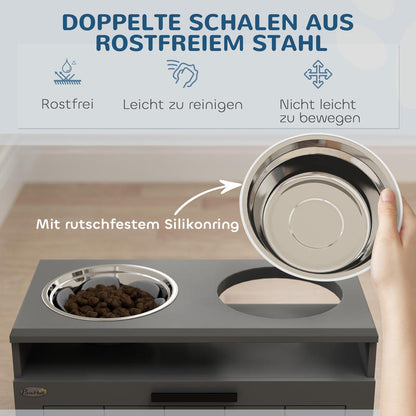 hondenvoerbak verhoogd – voerbak met standaard – dubbele voerbak hond – verhoogde voerbak met lade – verhoogde voerbak voor grote honden – 2 roestvrijstalen bakken – MDF en staal – 35,5 x 60 x 30 cm – grijs