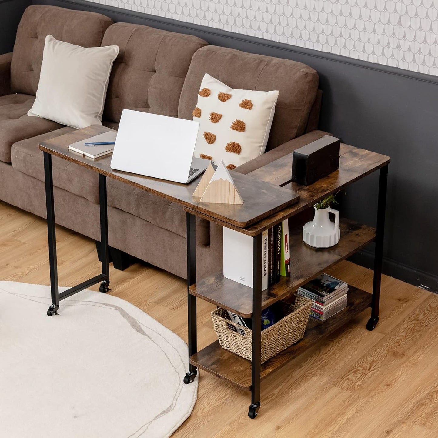Bijzettafel – Draaibaar Tafelletje – Salontafeltje – Wandtafeltje – Bijzetmeubel – 360° Rotatie – MDF Met Metalen Frame – Bruin/Zwart – 156,5 x 30 x 72,5 cm