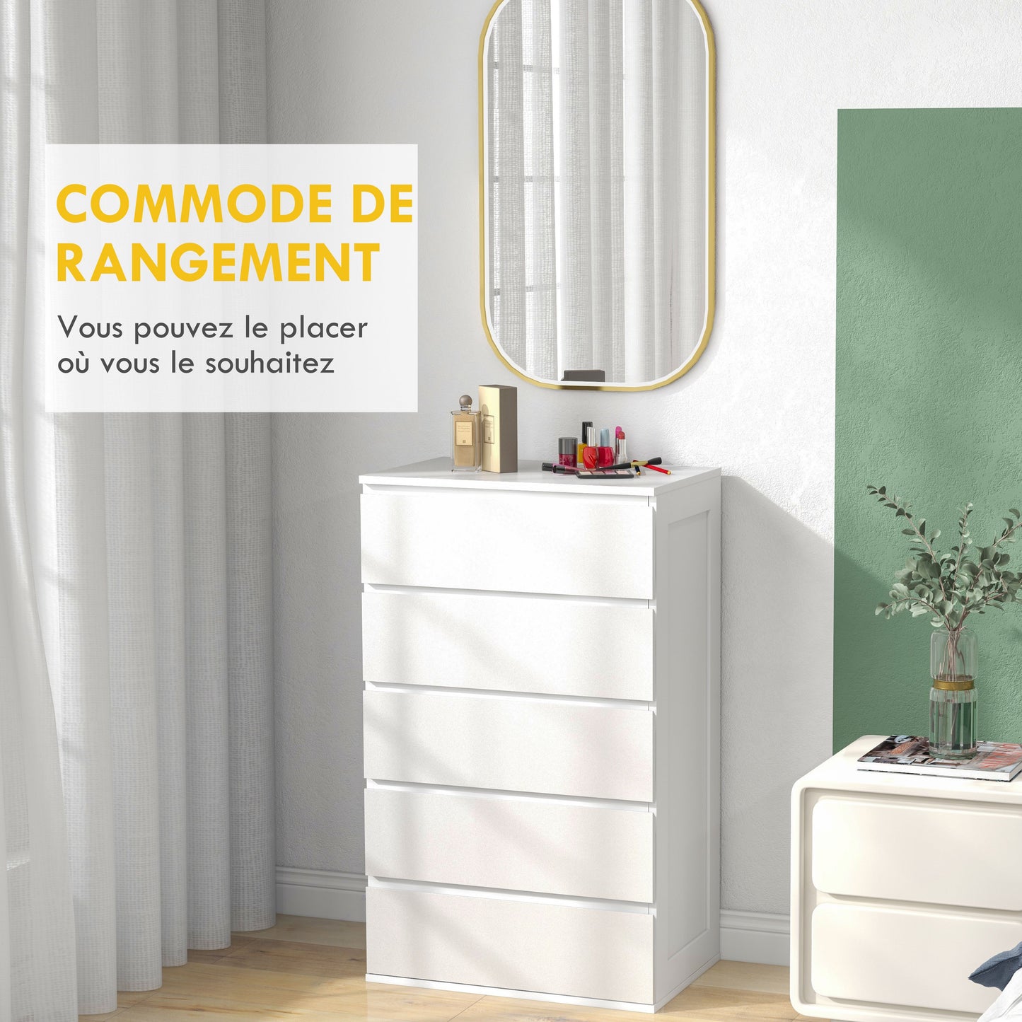 Ladekast – Commode – Ladenkast – Opbergkast – Kast Zonder Handgrepen – Modern Design – 5 Laden – Wit – 60x38x100 cm – Anti-Kantel Systeem
