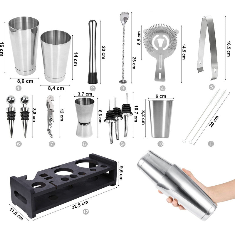 Bartender Set – Cocktailset – Shakerset – Cocktailshaker – Barset – 17-delig Roestvrij Staal – Inclusief Bamboe Opbergbasis