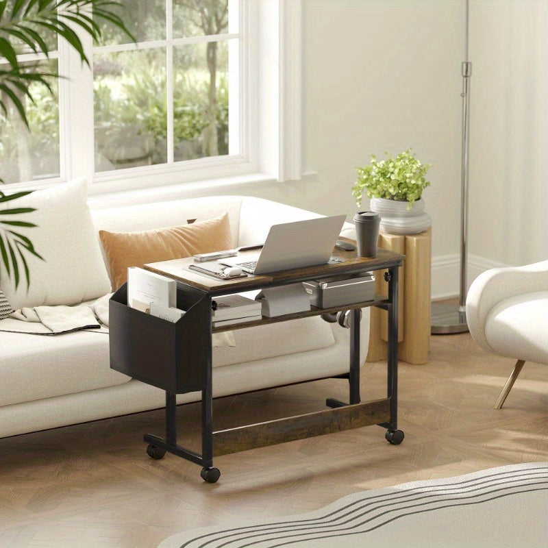 bureautafel – bureau – computertafel – werktafel – schrijftafel – verstelbare hoogte – stevig metalen frame – 92 x 40 cm – wieltjes – kantelplatform – opbergtas – rustiek bruin zwart