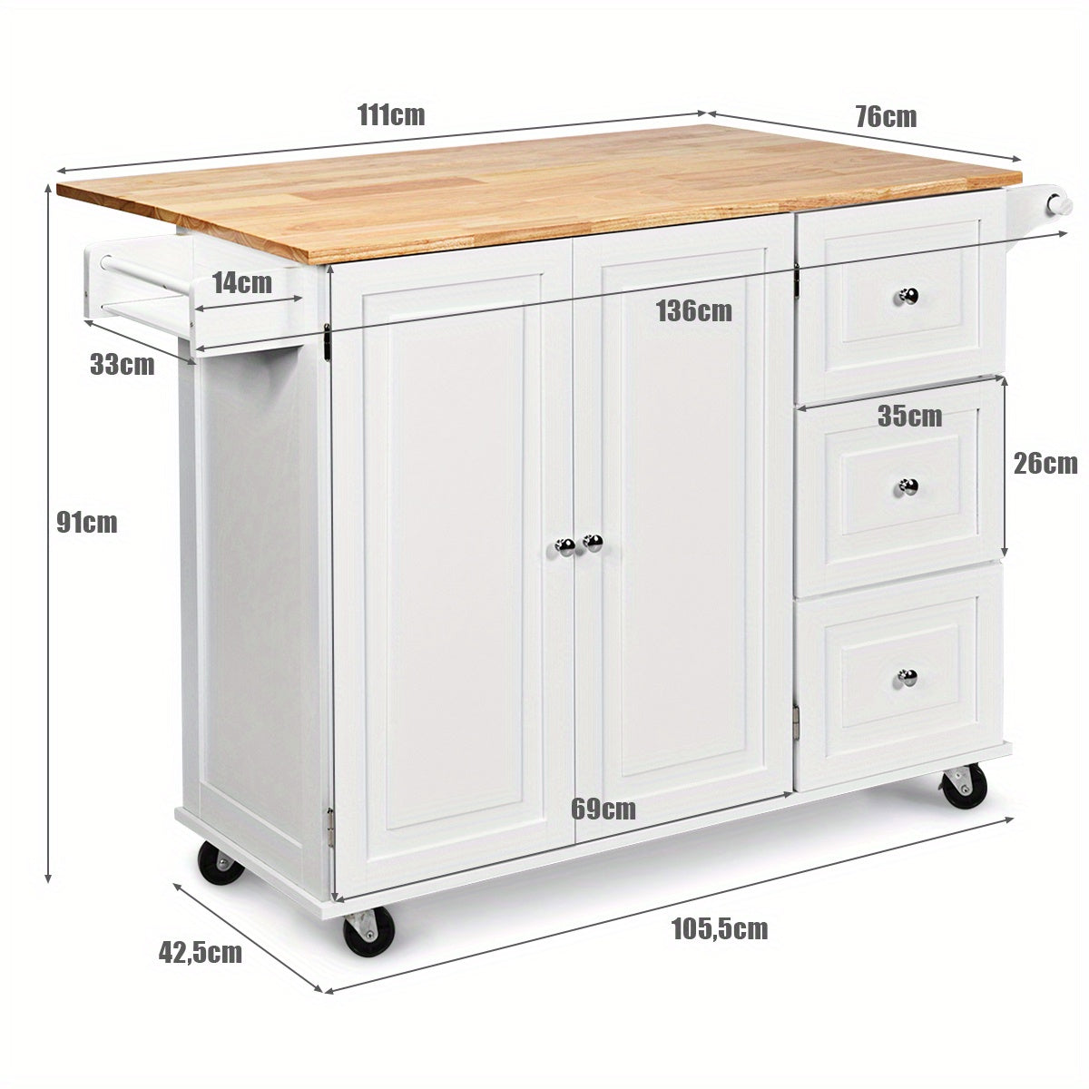 Rollende Keukenwagen – Keukentrolley – Keukenserverwagen – Keukeneiland – Opbergkast – Inclusief Handdoekhouder – Inklapbaar Werkblad – MDF en Rubberwood – Wit – 135x76x91 cm