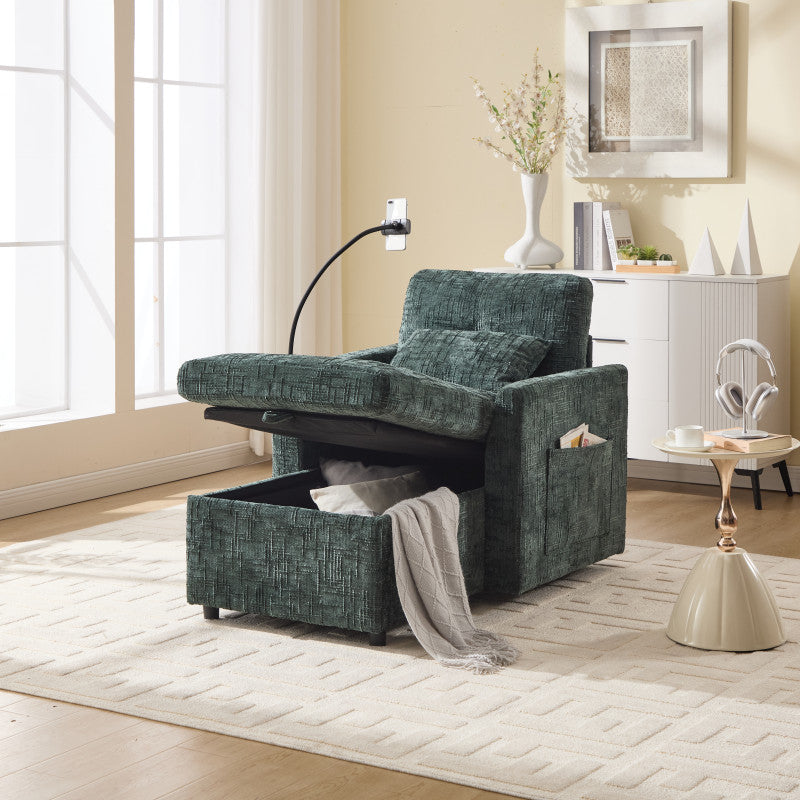Loungestoel – Relaxstoel – Fauteuil – Leunstoel – Chenille Stoel – Inklapbaar & Ruimtebesparend – Zachte Chenille Bekleding & Telefoonhouder Met Opbergruimte