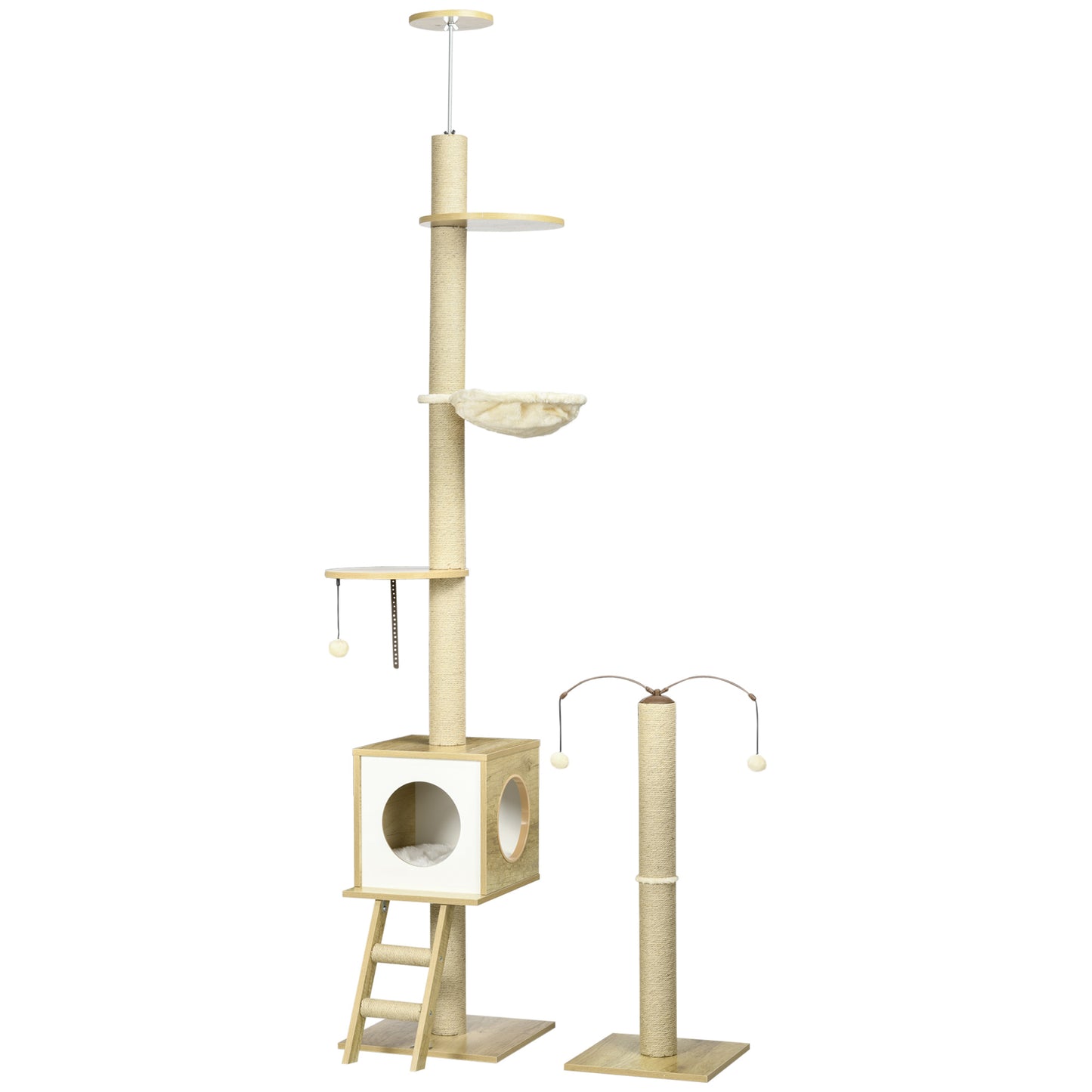 Kattenkrabpaal – Krabmeubel – Kattenboom – Klimpaal – Speelpaal – Verstelbare Hoogte 225-285 cm – Compleet Met Nestje En Hangmat – Set Van 2 Beige