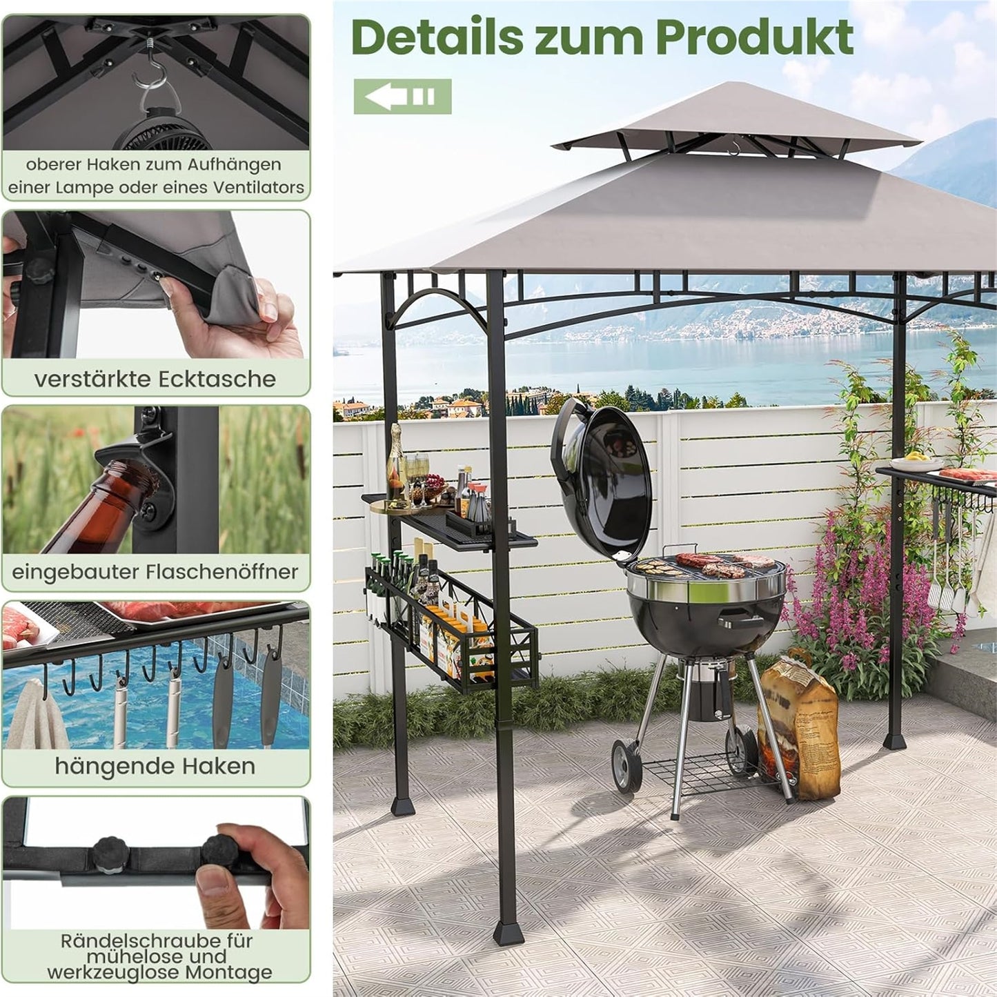 Grillpaviljoen – Barbecueoverkapping – Grill Shelter – BBQ Tent – Buitenkeuken – Dubbel Dak – Weerbestendige Polyester Kap – 242 x 153 x 250 cm – Met Zijtafels en Flessenopener – Metaalframe