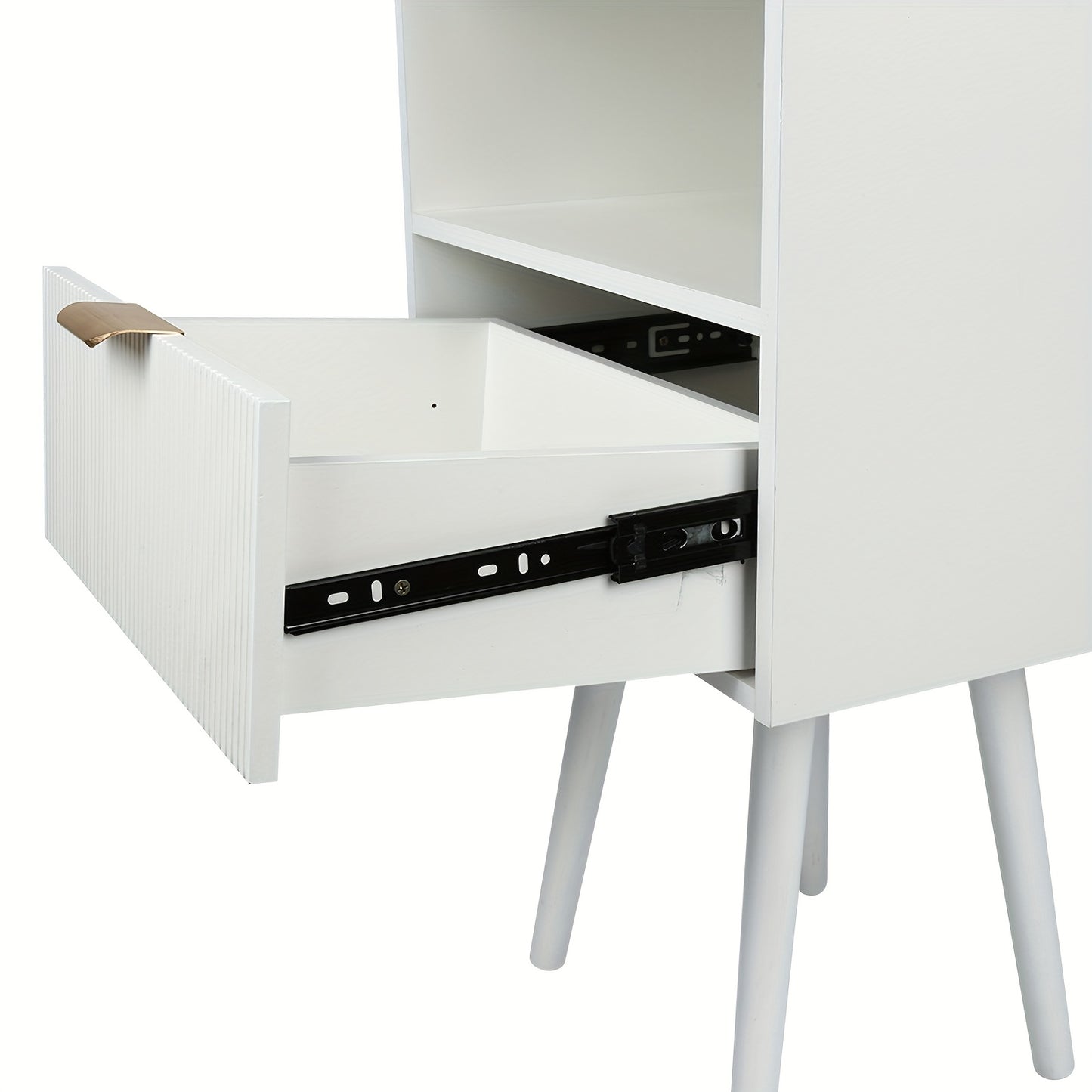 Nachtkastje – Bijzettafel – Sidetable – Bedtafel – Opbergkastje – Wit MDF Met Houten Poten – Lade En Open Vak – Compact 42x30x65 cm