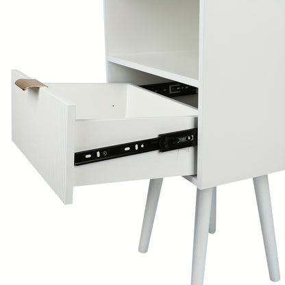 Nachtkastje – Bijzettafel – Sidetable – Bedtafel – Opbergkastje – Wit MDF Met Houten Poten – Lade En Open Vak – Compact 42x30x65 cm