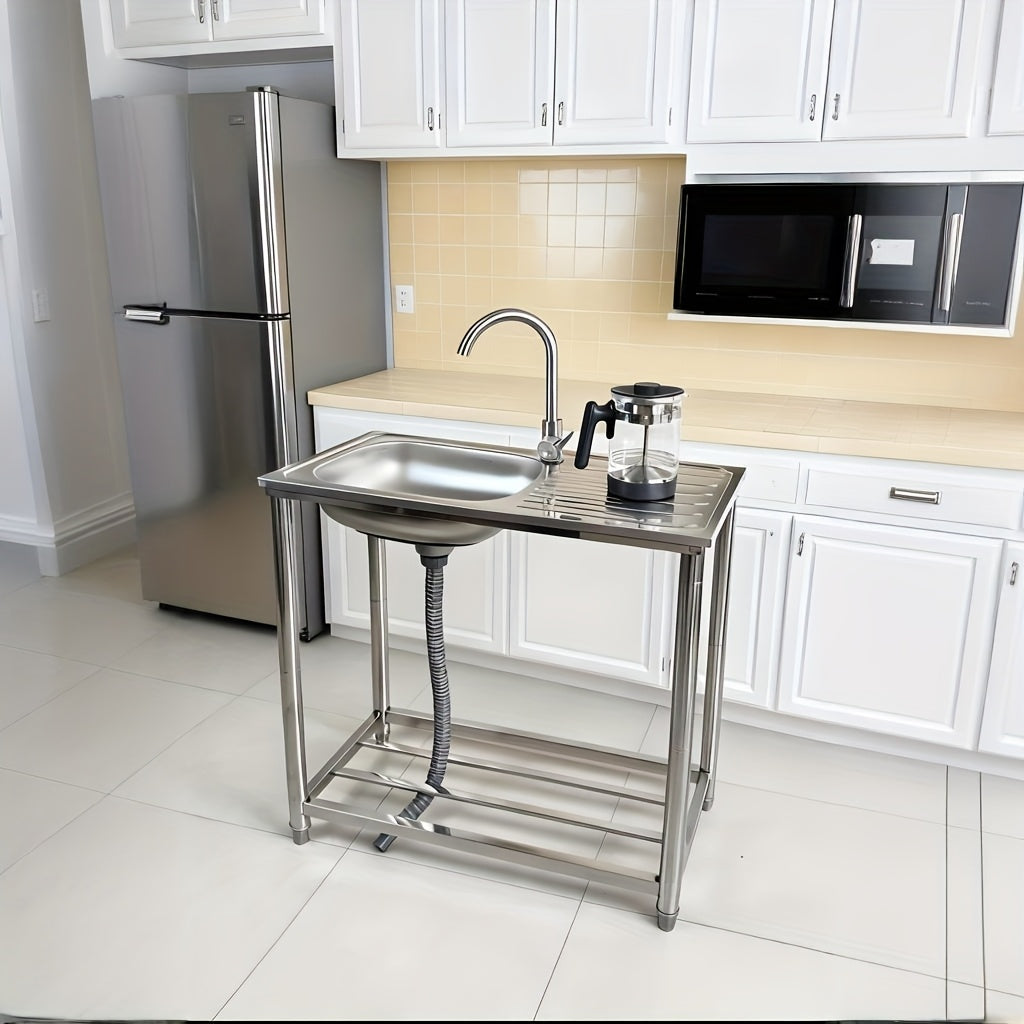Stainless Steel Freestanding Sink with Workbench & Faucet - Heavy-Duty 304 Grade All-Weather Outdoor/Indoor Use, Large Capacity Durable Polished Sink for Kitchen, Camping, Garden, Garage, Holiday Events - Easy-Clean Surface &