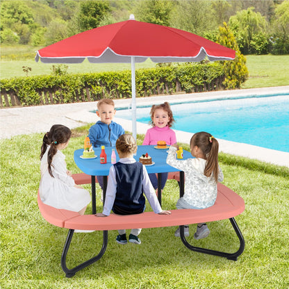 Speelset – Kindertuinset – Picknicktafel – Buitenspeelset – Kinderzitgroep – Voor 8 Kinderen – Verstelbare Parasol – Weerbestendig HDPE Materiaal