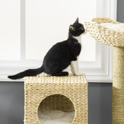 Scratching Post with Cat House, Sisal Scratching Columns, Washable Cushions, 100.5H x 57L x 37B cm, White/ Natural, Feline Enrichment, Pet Scratching Post, Stylish Cat Tree, Minimalist Design, Sturdy Frame, Sisal Rope Constru