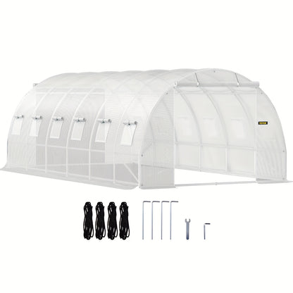 Kweekkas – Broeikas – Tuinkas – Tunnelkas – Serre – Groot 609,6x304,8x213,36 cm – Gegalvaniseerd Stalen Frame – 12 Oprolbare Ramen & 2 Ritsdeuren - Wit