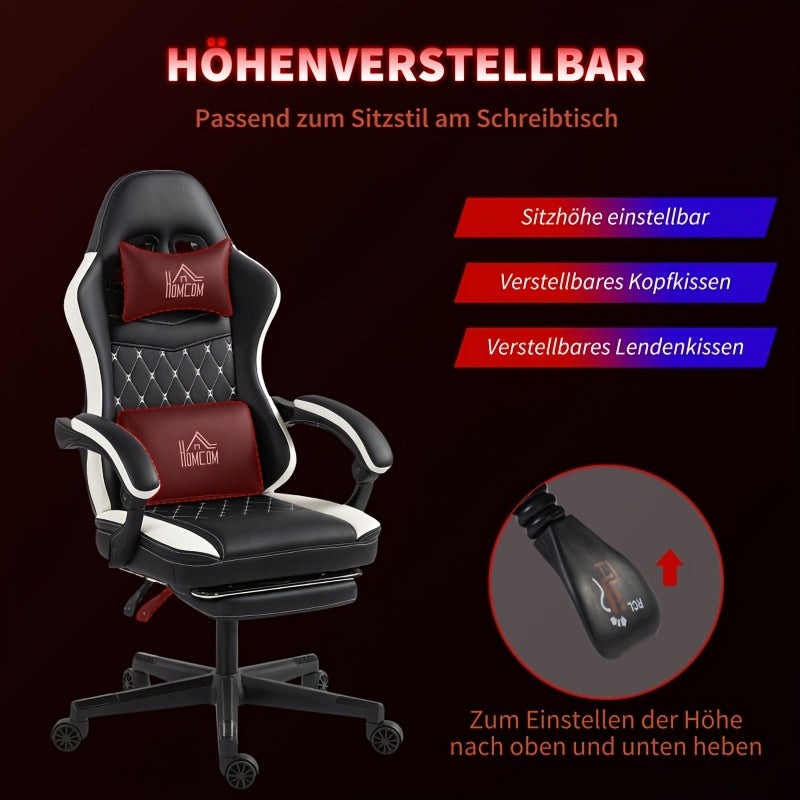 Gamingstoel – Computerstoel – Bureaustoel – Gamestoel – Draaistoel – Verstelbare Hoogte – Inclusief Voetensteun en Ergonomisch Kussen – Zwart-Witte Katoenen Bekleding