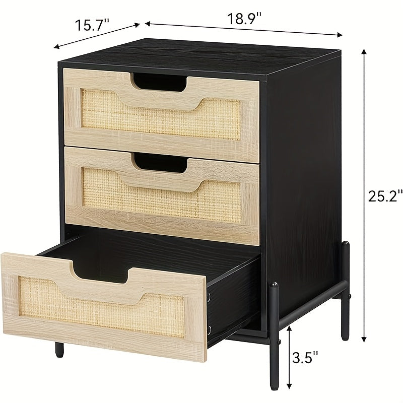 Rattan Nightstand with 3 Drawers - Natural Rattan & Hardwood Vintage Bedside Table, Black Finish, 3.2 Cu Ft Storage, Compact Under 68.58cm Height for Bedroom & Living Room, Easy Assembly