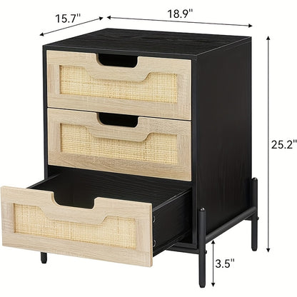 Rattan Nightstand with 3 Drawers - Natural Rattan & Hardwood Vintage Bedside Table, Black Finish, 3.2 Cu Ft Storage, Compact Under 68.58cm Height for Bedroom & Living Room, Easy Assembly