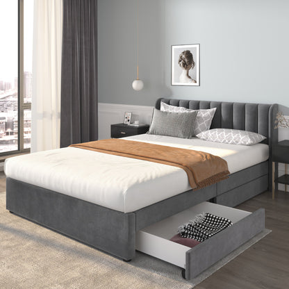 Upholstery bed 140 x 200cm with a slatted frame backrest 2 drawers gray