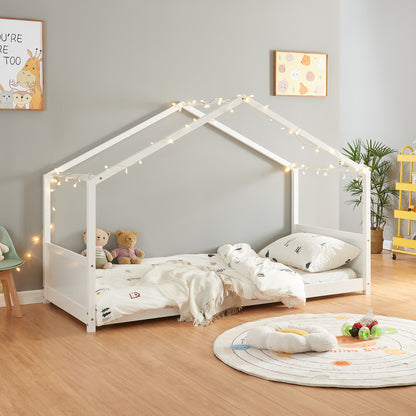 Huisbed – Kinderbed – Bedhuis – Speelbed – Bedhuisje – 90x200 cm – Stevig Dennenhouten Frame – Witte Natuurlijke Afwerking