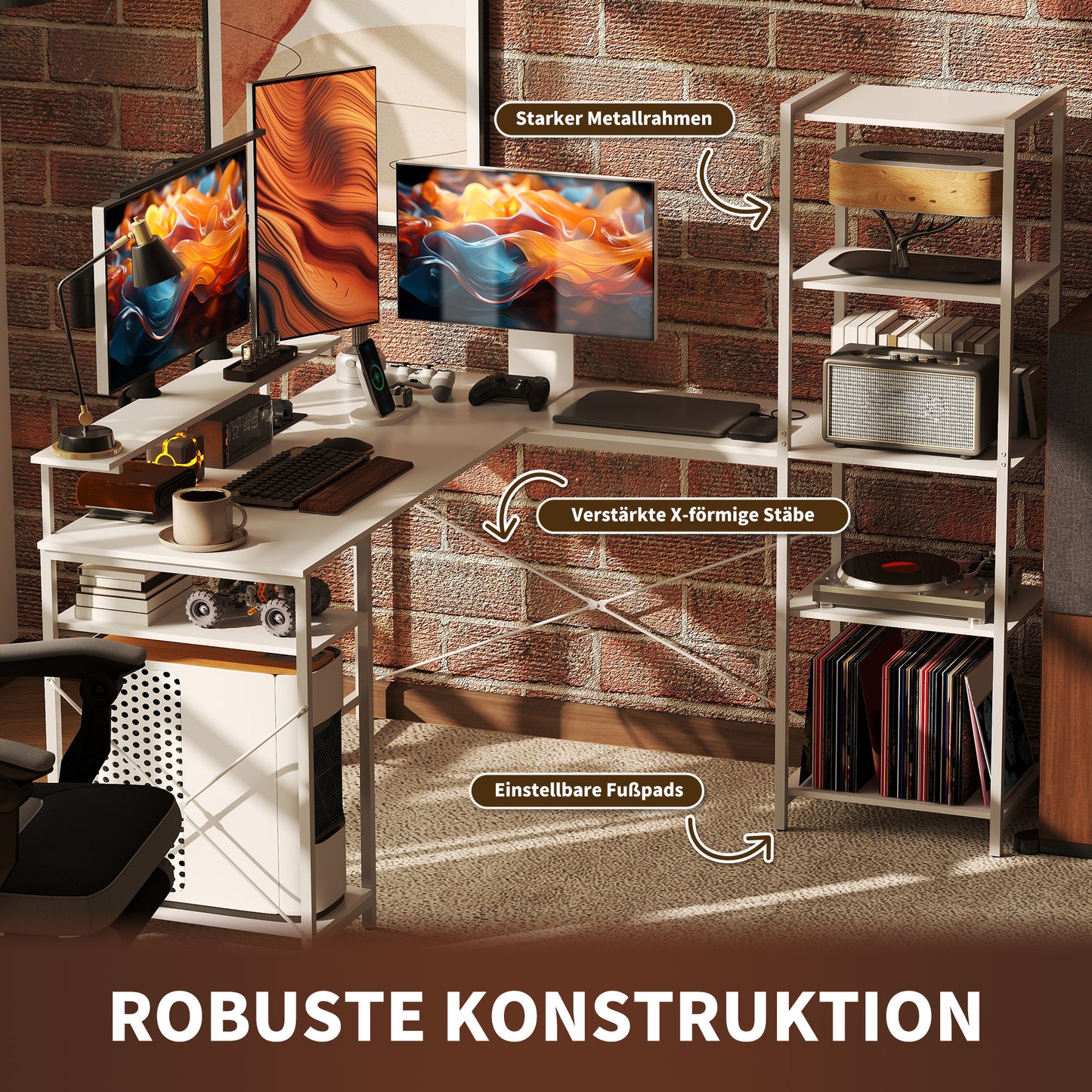 L-vormig Bureau – Hoekbureau – Computertafel – Werkplekbureau – Bureau met Oplaadstation – Wit – Inclusief Monitorstandaard en Opbergruimte
