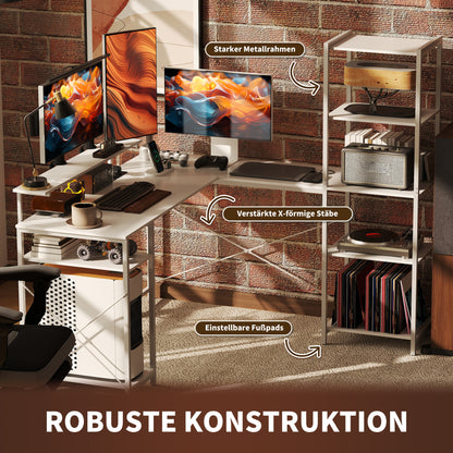 L-vormig Bureau – Hoekbureau – Computerbureau – Bureaumeubel – Werktafel – Geïntegreerd Oplaadstation – Monitorstandaard Met Opbergruimte – Wit