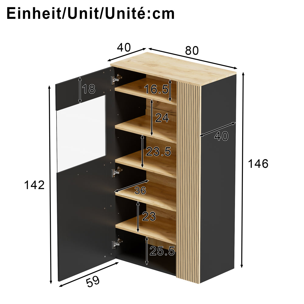 Opbergkast – Opbergmeubel – Kast Met Deuren – Buffetkast – Hoge Kast – Zwart – Moderne Glasdeuren – 3 Vaste + 2 Verstelbare Planken – Gouden Accentpoten – Ruimtebesparend & Duurzaam
