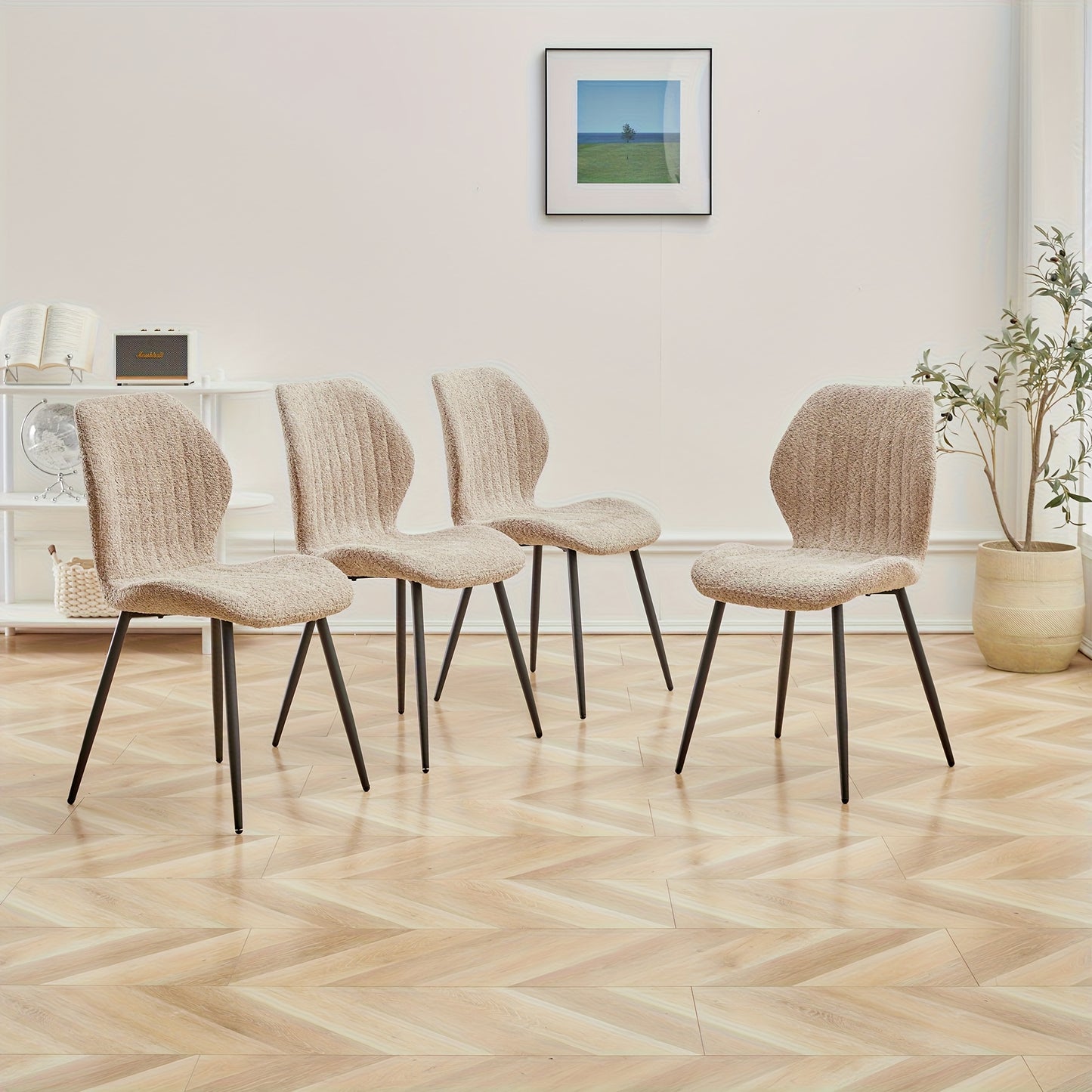Eetkamerstoel – Kuipstoel – Keukenstoel – Stoel – Dinerstoel – Mid-Century Modern – Linnen Bekleding – Metalen Frame – Ergonomische Rugleuning – Set van 4 – Beige Bruin