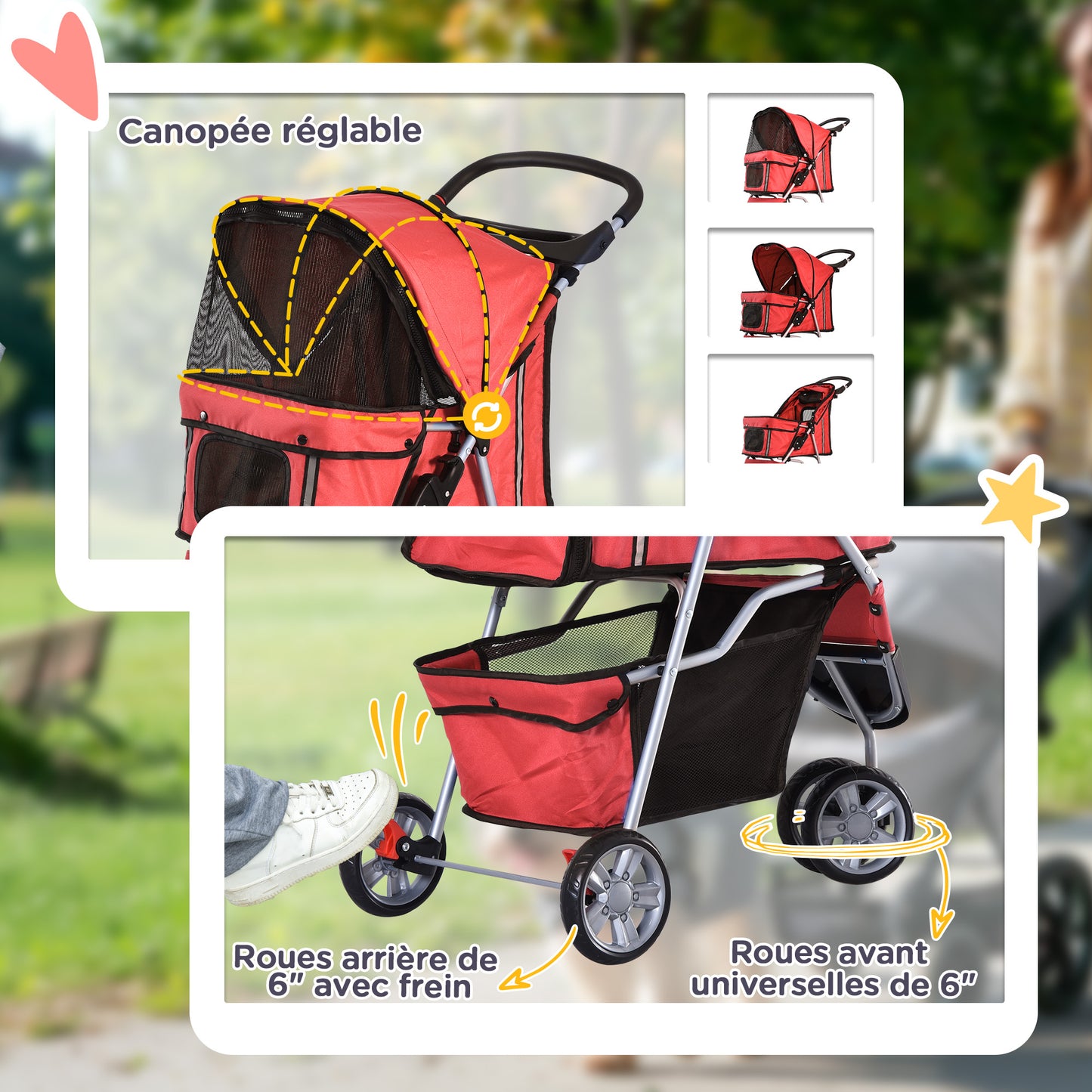 Dierenwagen – Huisdierenwagen – Hondenwagen – Kattenwagen – Inklapbare Wagen – Stevig Stalen Frame – 600D Oxford Stof – Rood – Remmen en Reflecterende Strepen