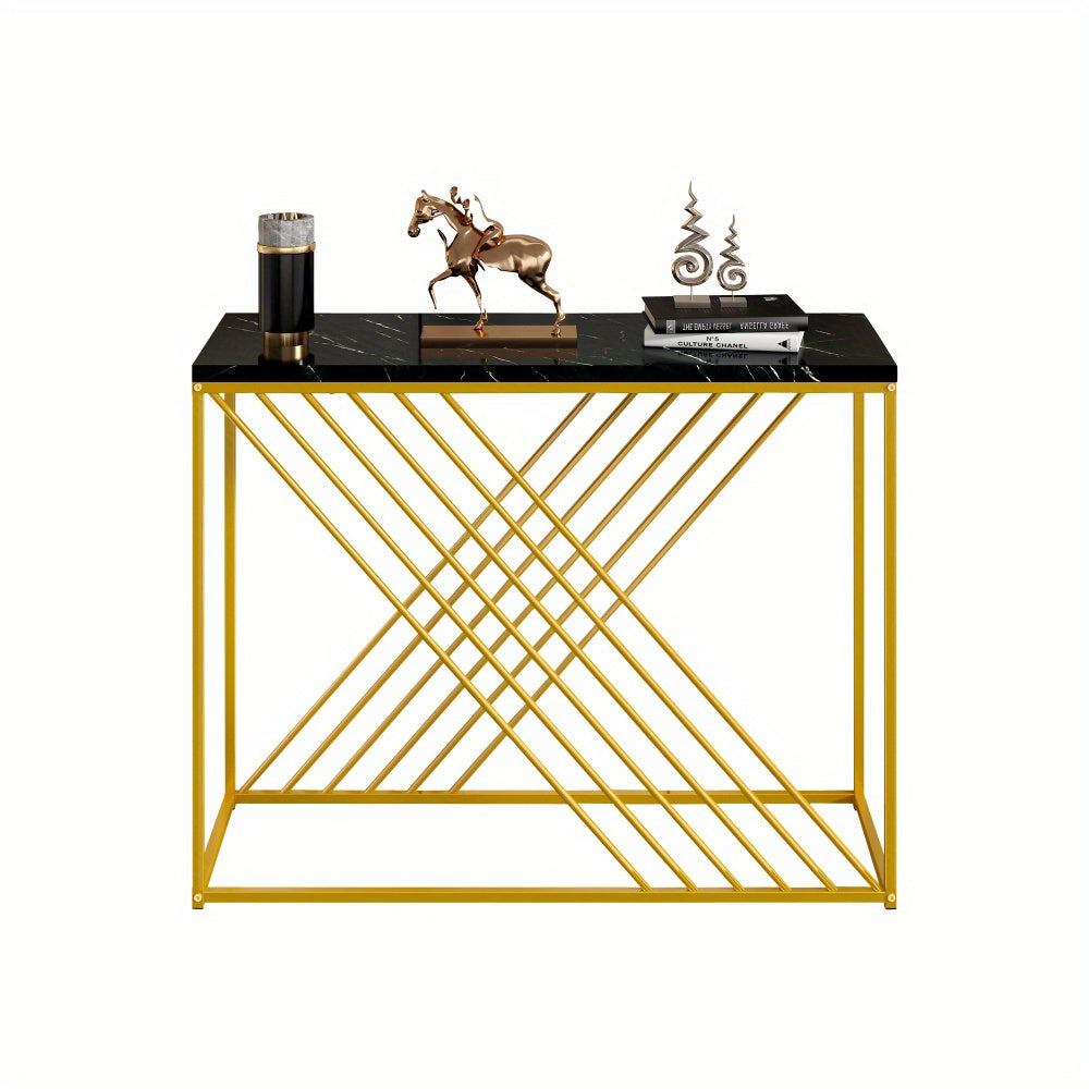 Sidetable – Entreetafel – Haltafel – Wandtafel – Bijzettafel – Zwart MDF Tafelblad – Gouden Metalen Onderstel – 100x35x77 cm – Stijlvol & Praktisch