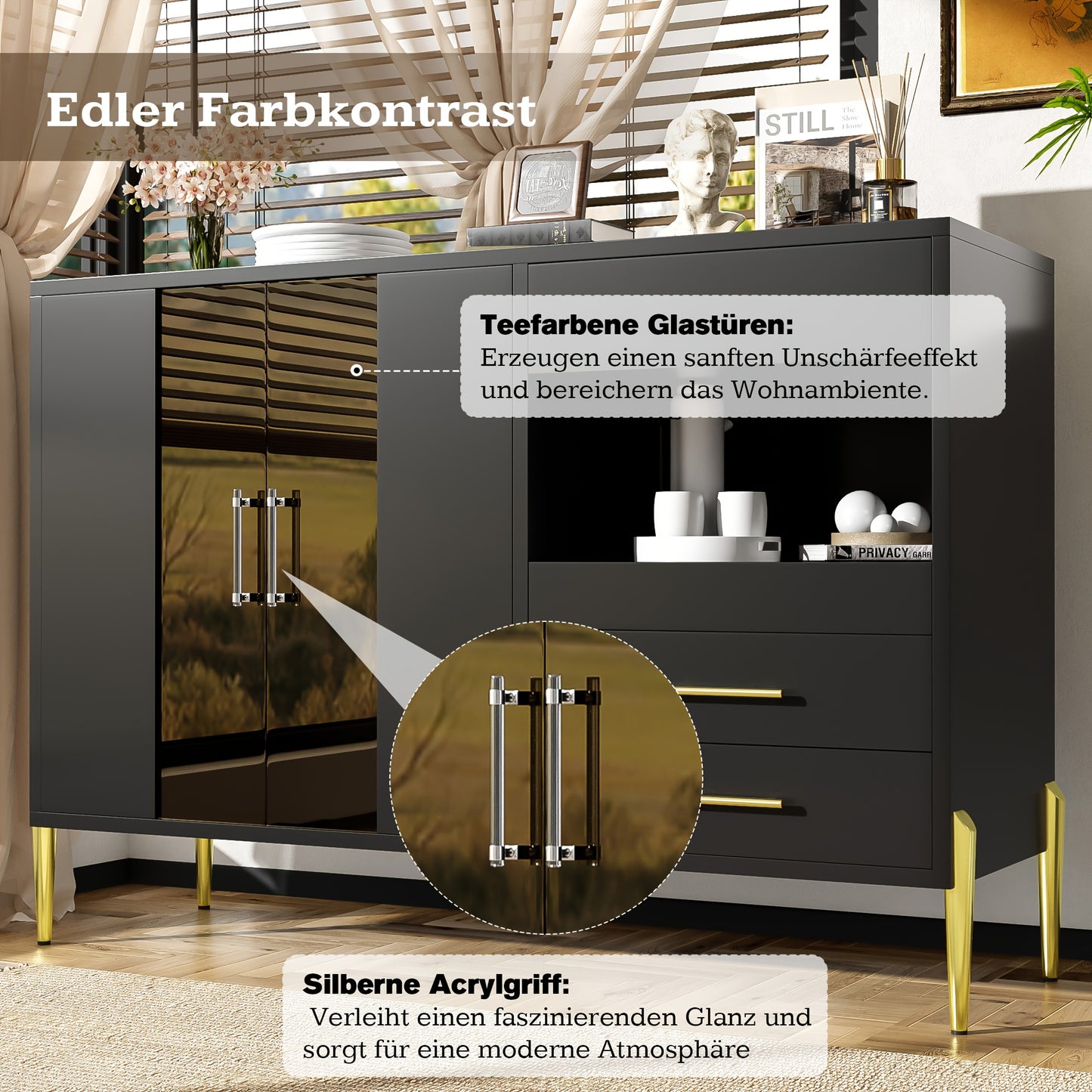 Dressoir – Sideboard – Opbergkast – Ladekast – Buffetkast – Zwart – 120 cm – Met Glazen Deuren En 3 Lades – Verstelbare Legplanken