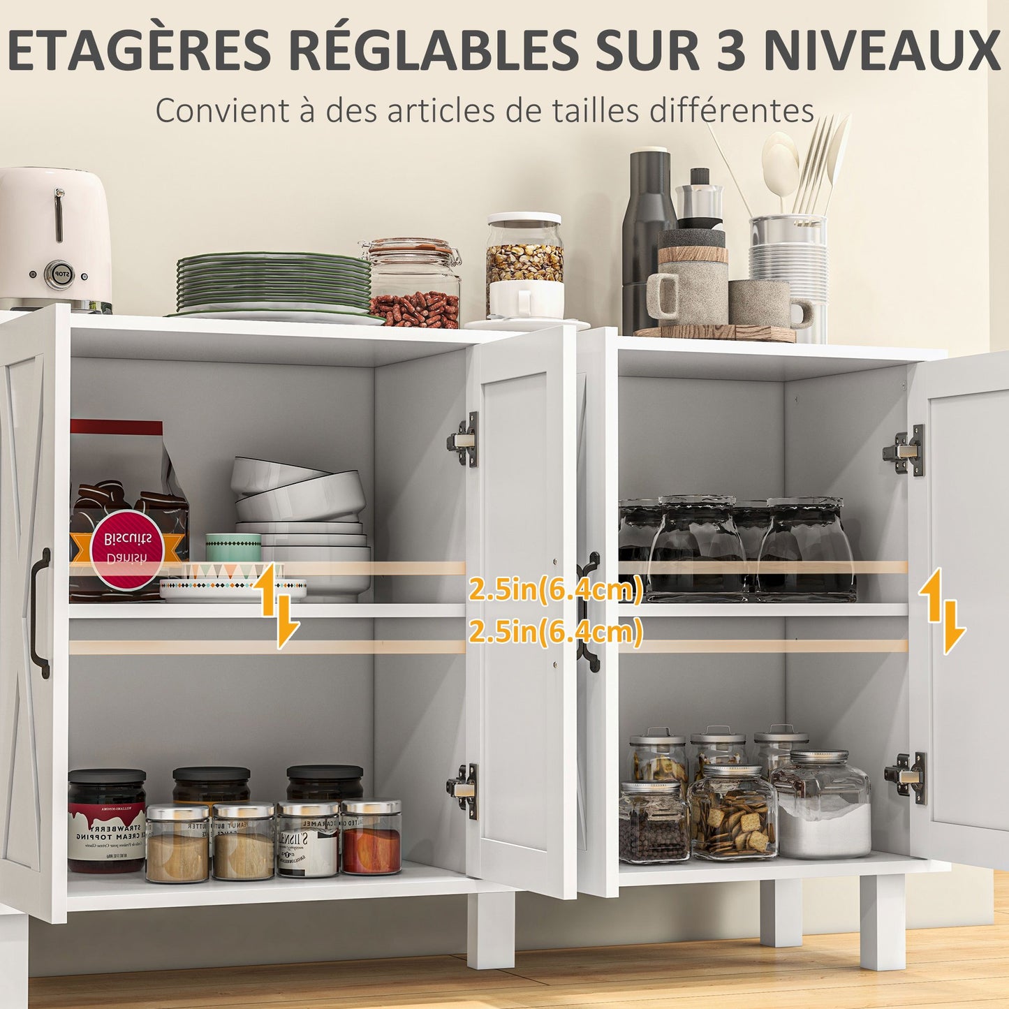 Buffetmeubel – Opbergkast – Dressoir – TV-meubel – Wit Gelakt – Landelijk Design – Verstelbare Planken – Afmetingen 120x37x75 cm